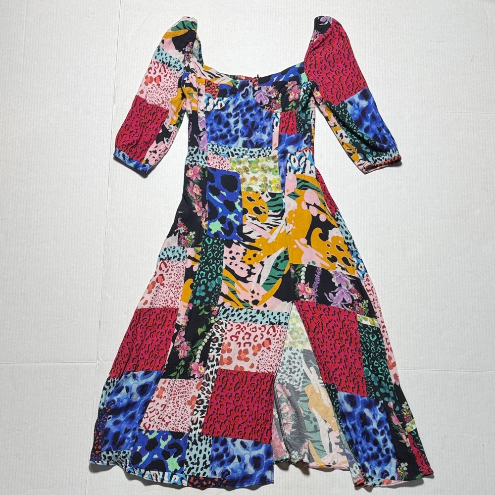 DESIGUAL Colorful Animal Print Patchwork Midi Dress Side Slit Smocked Back SM - Picture 3 of 17